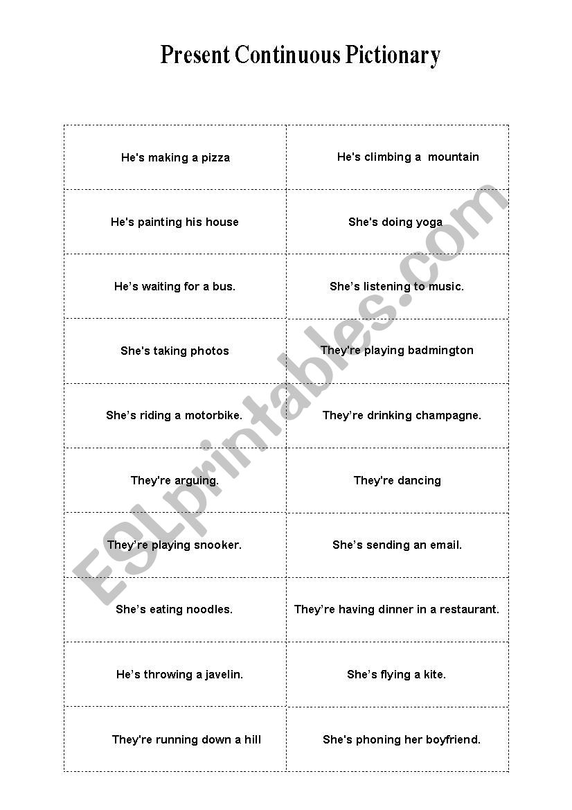 Present Continuous Pictionary worksheet