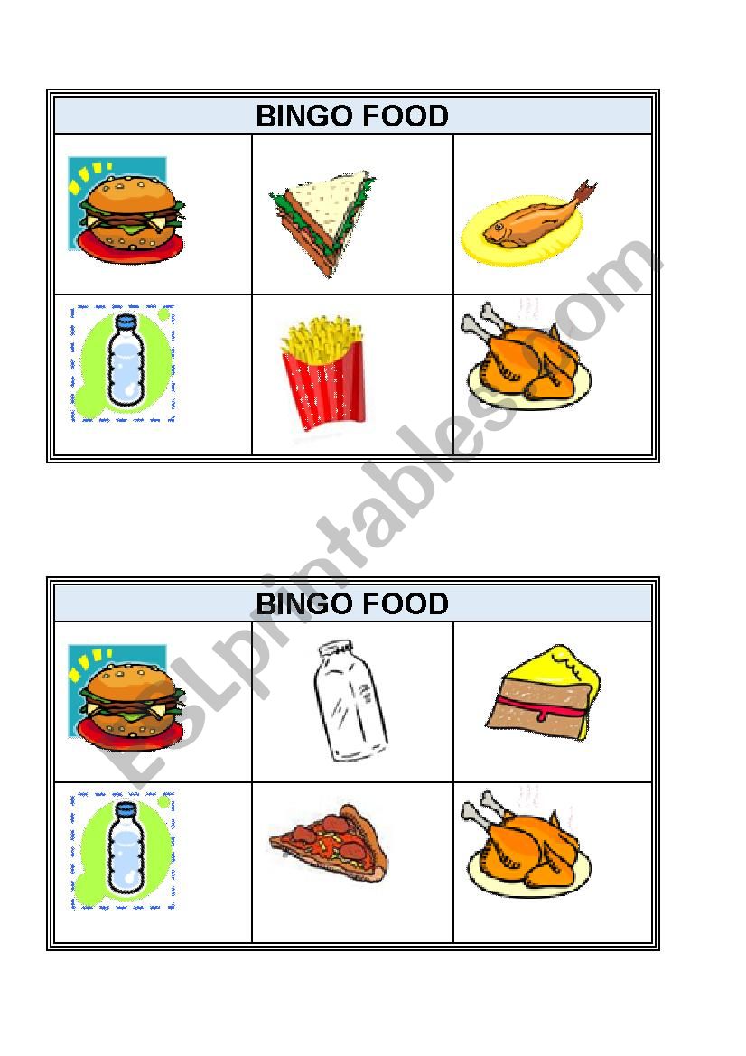 Bingo food worksheet