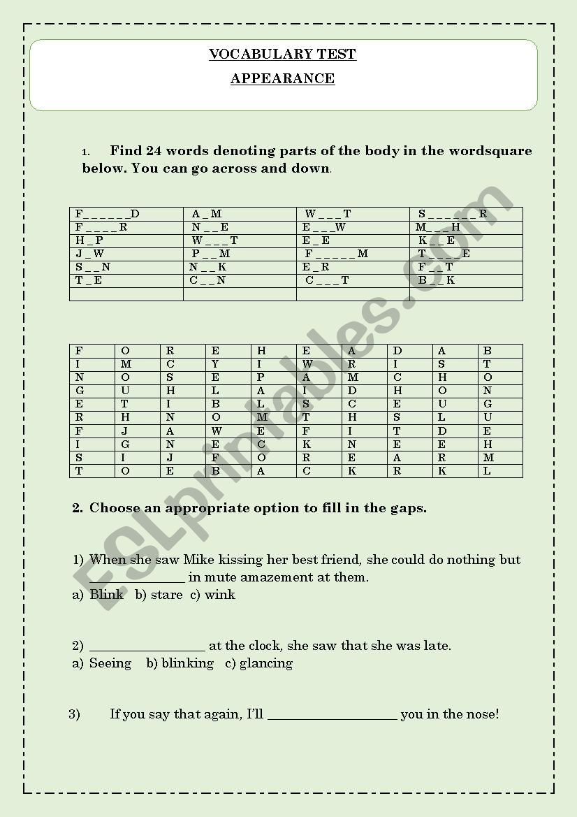 Appearance test worksheet