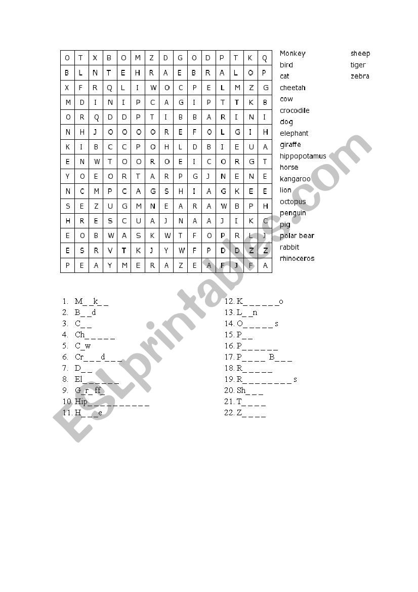 Animals worksheet