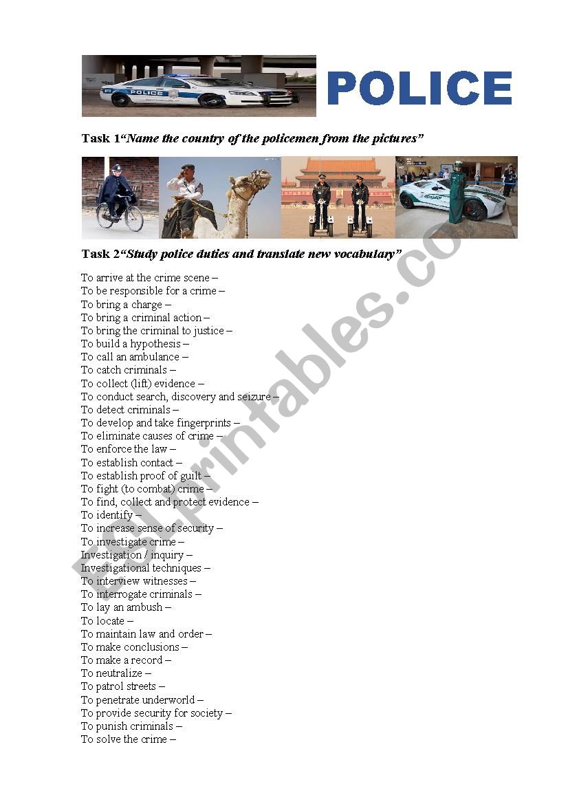 Police and its duties worksheet