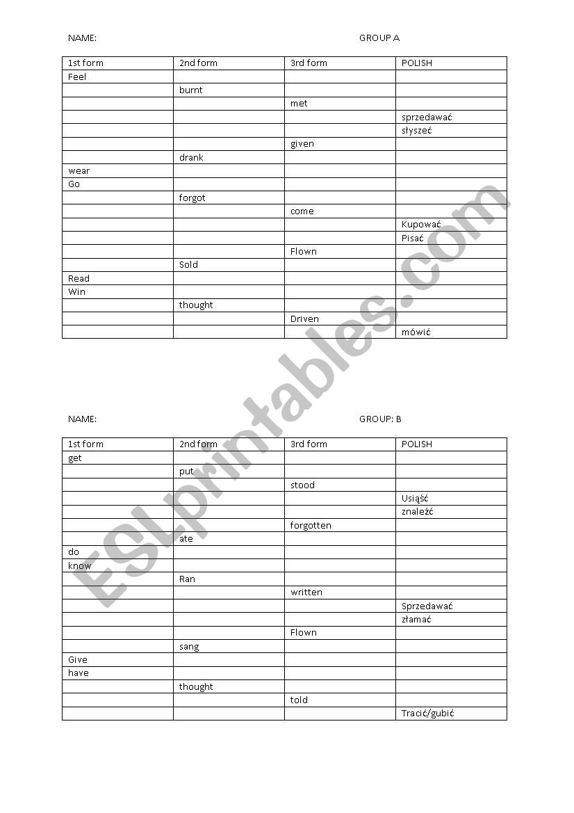 irregular verbs test worksheet