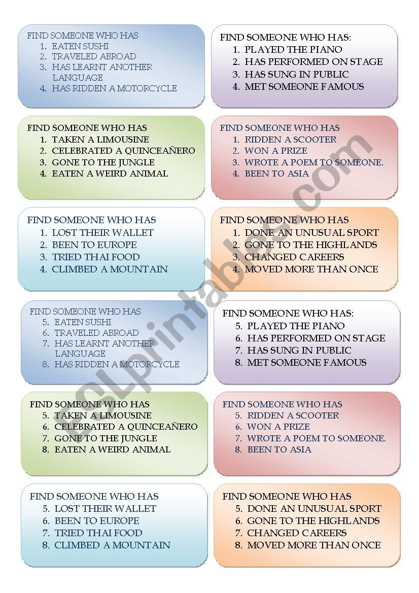 FIND SOMEONE WHO (PRESENT PERFECT SIMPLE)