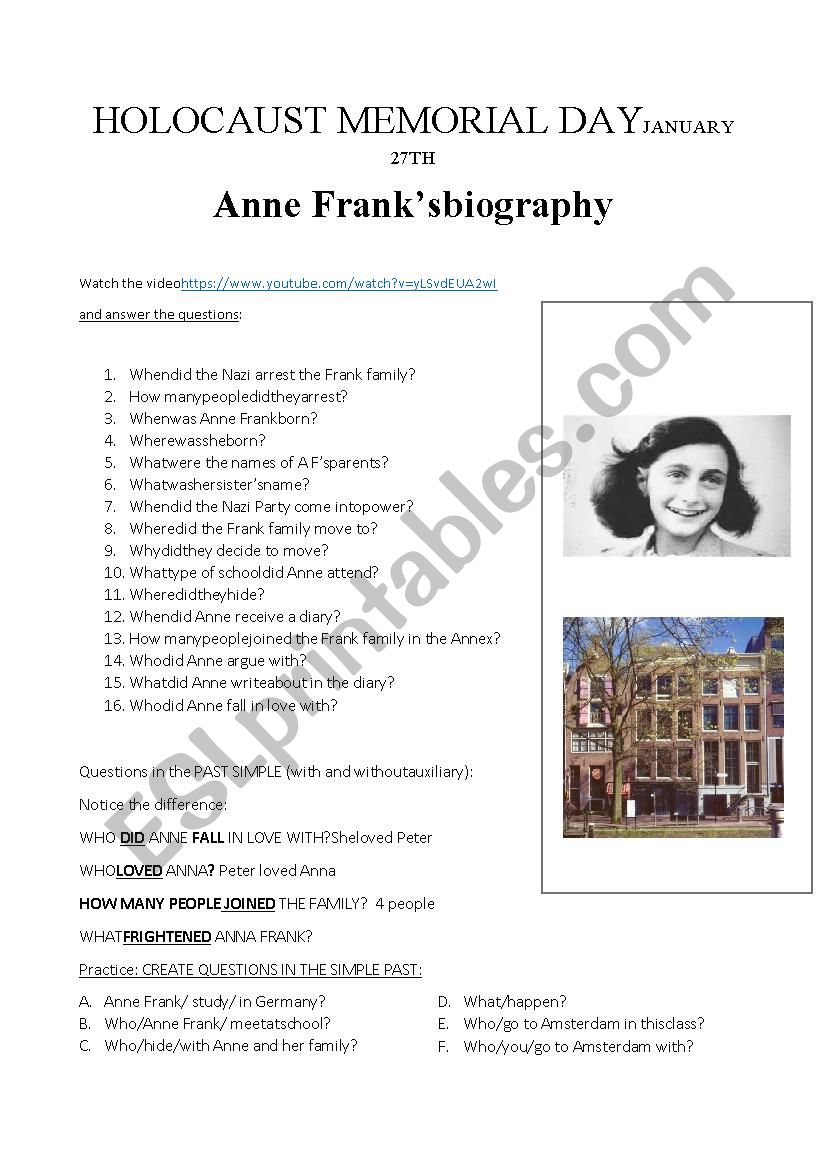 ANNE FRANKS BIOGRAPHY - VIDEO AND QUESTIONS (PAST SIMPLE)