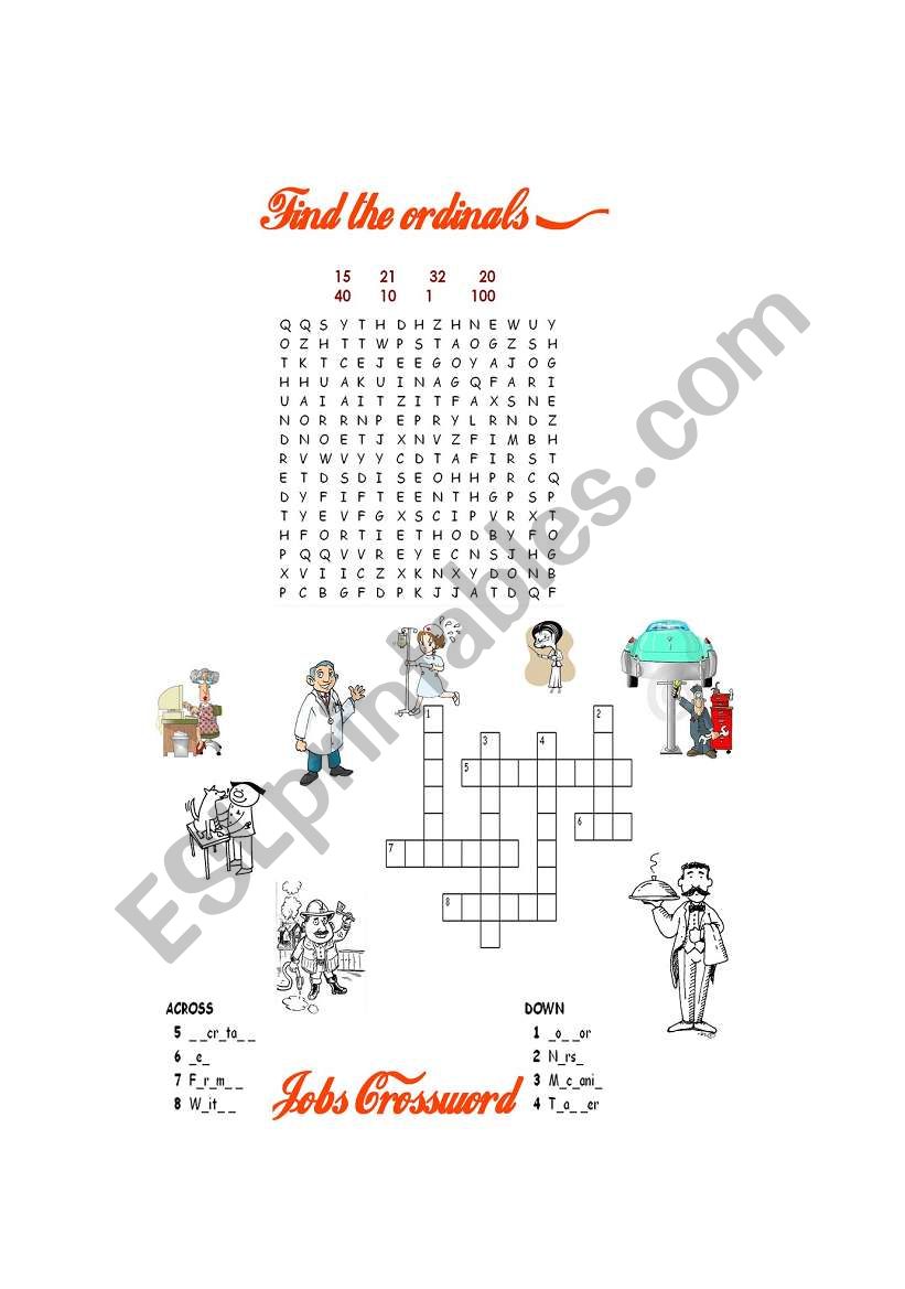 Ordinal Numbers Wordsearch + Jobs Crossword