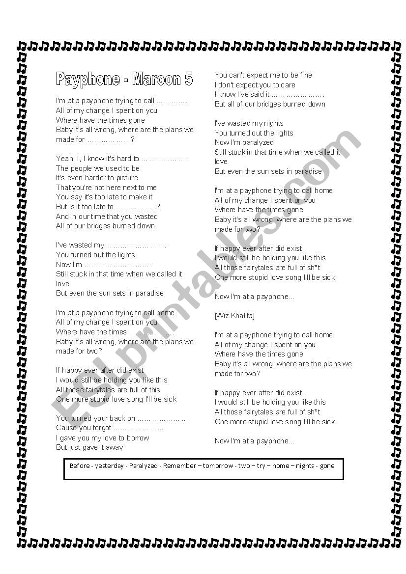 Payphone - Maroon  worksheet