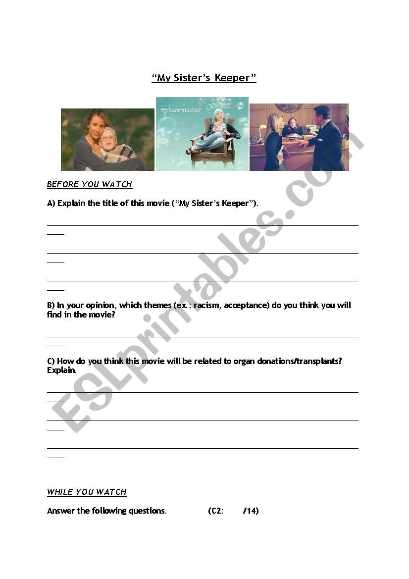 My Sisters Keeper worksheet