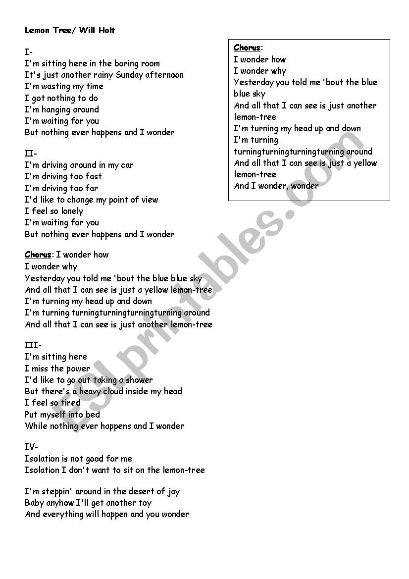 lemon tree song worksheet