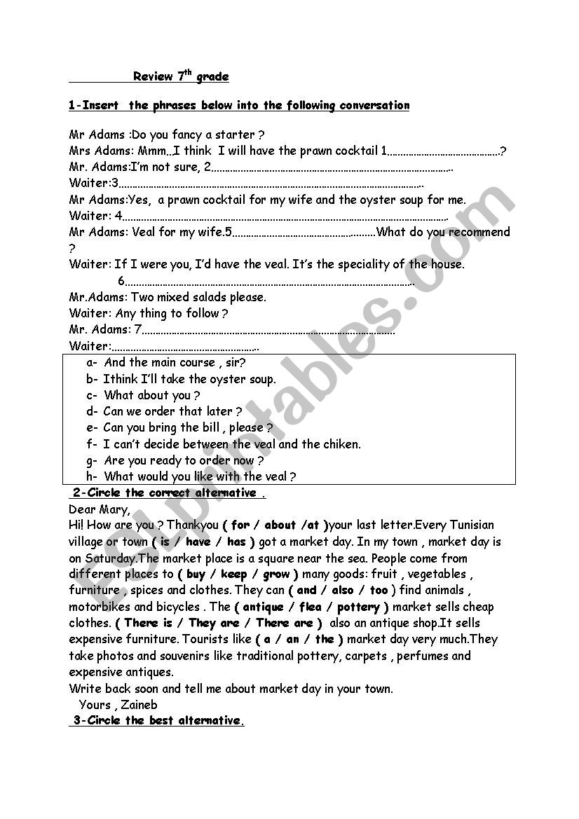 7th grade Review worksheet