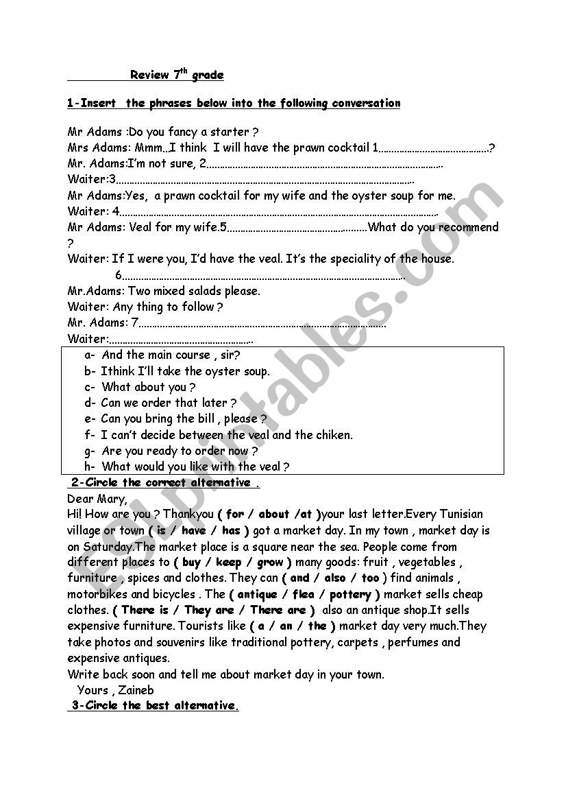 7th grade Review worksheet