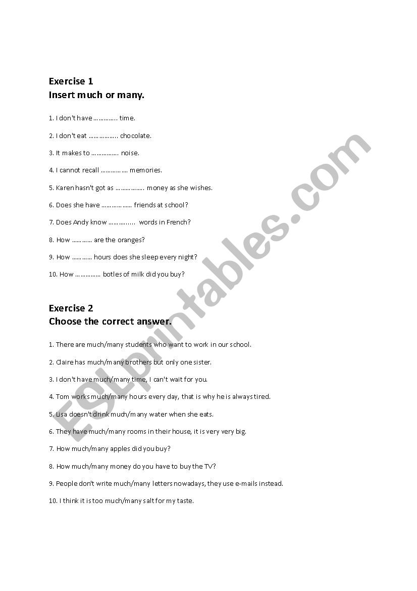 Much or many exercises worksheet