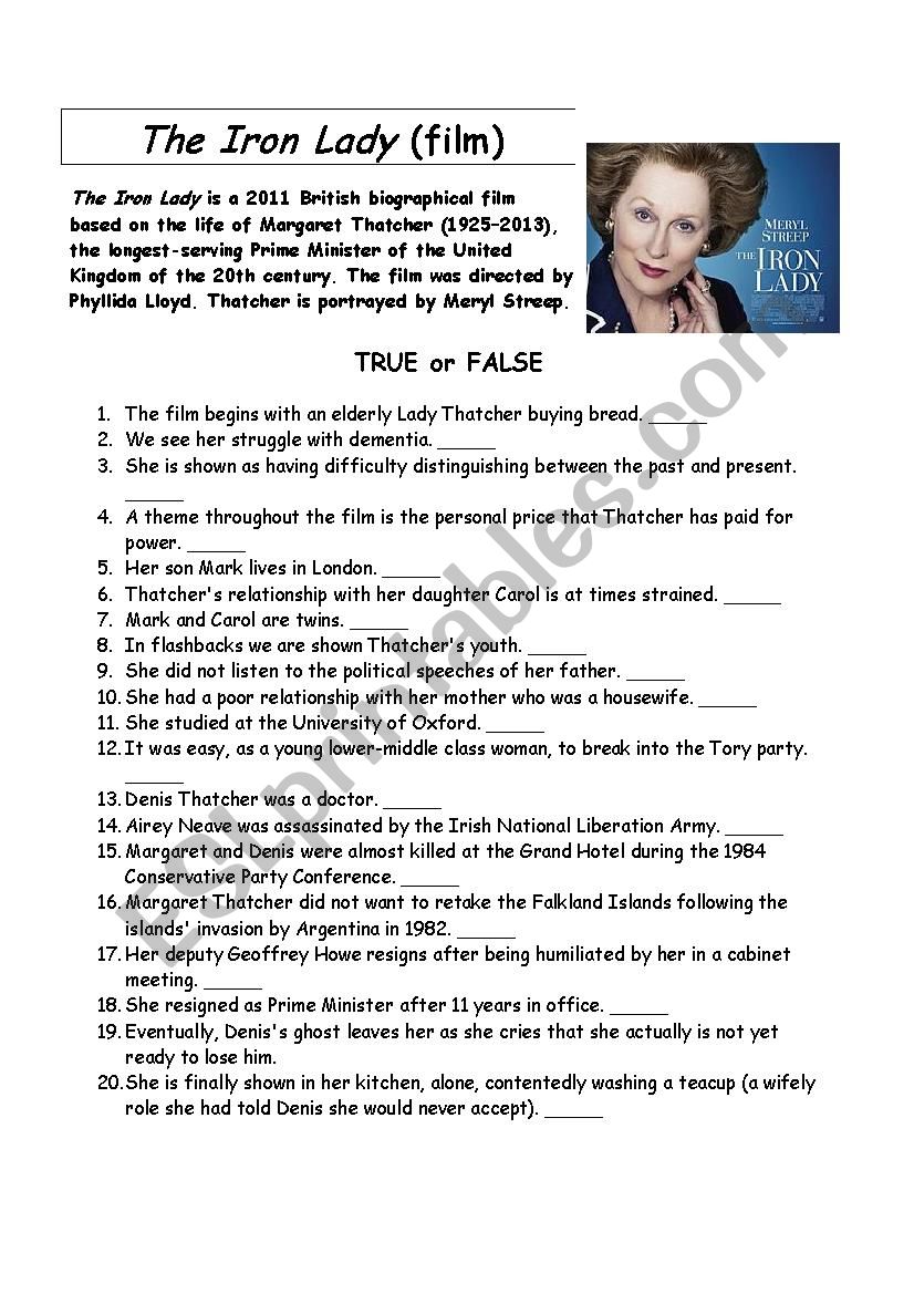 The Iron Lady (film) worksheet