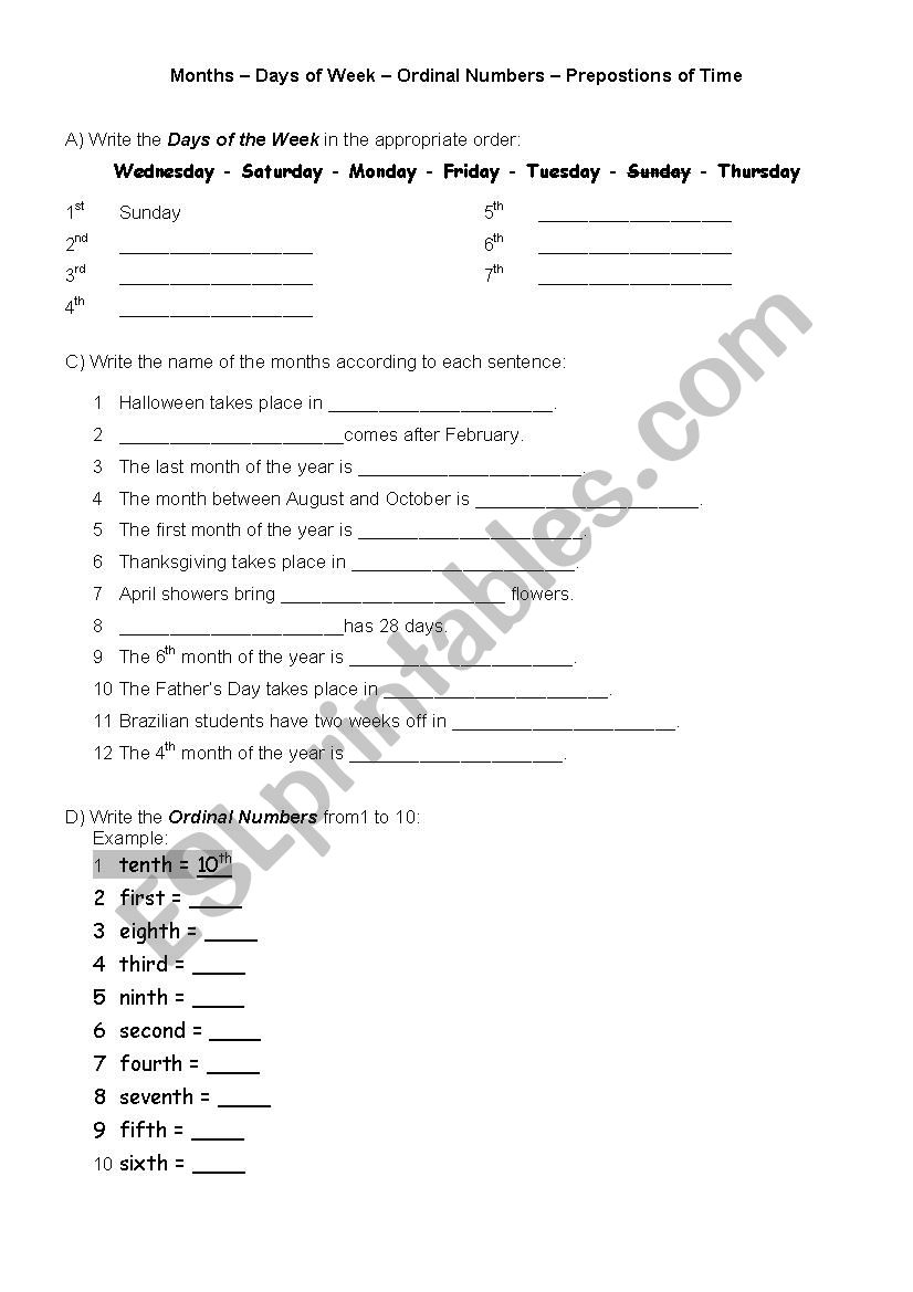 Months â€“ Days of Week â€“ Ordinal Numbers â€“ Prepostions of Time