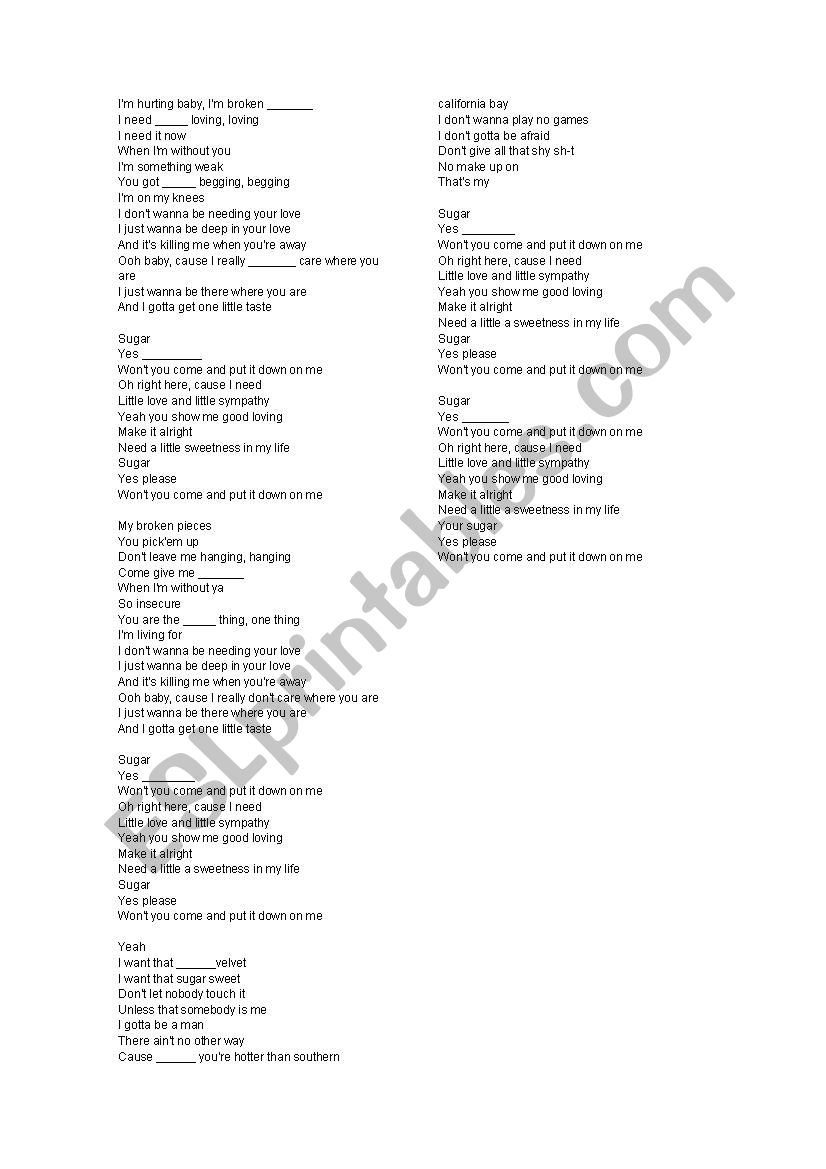 Sugar - Maroon 5 - complete worksheet
