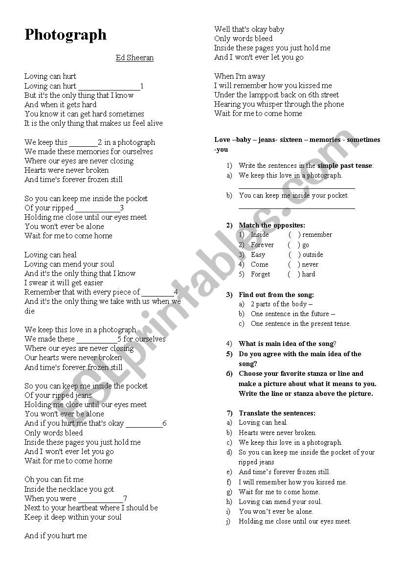 Song Photograph worksheet