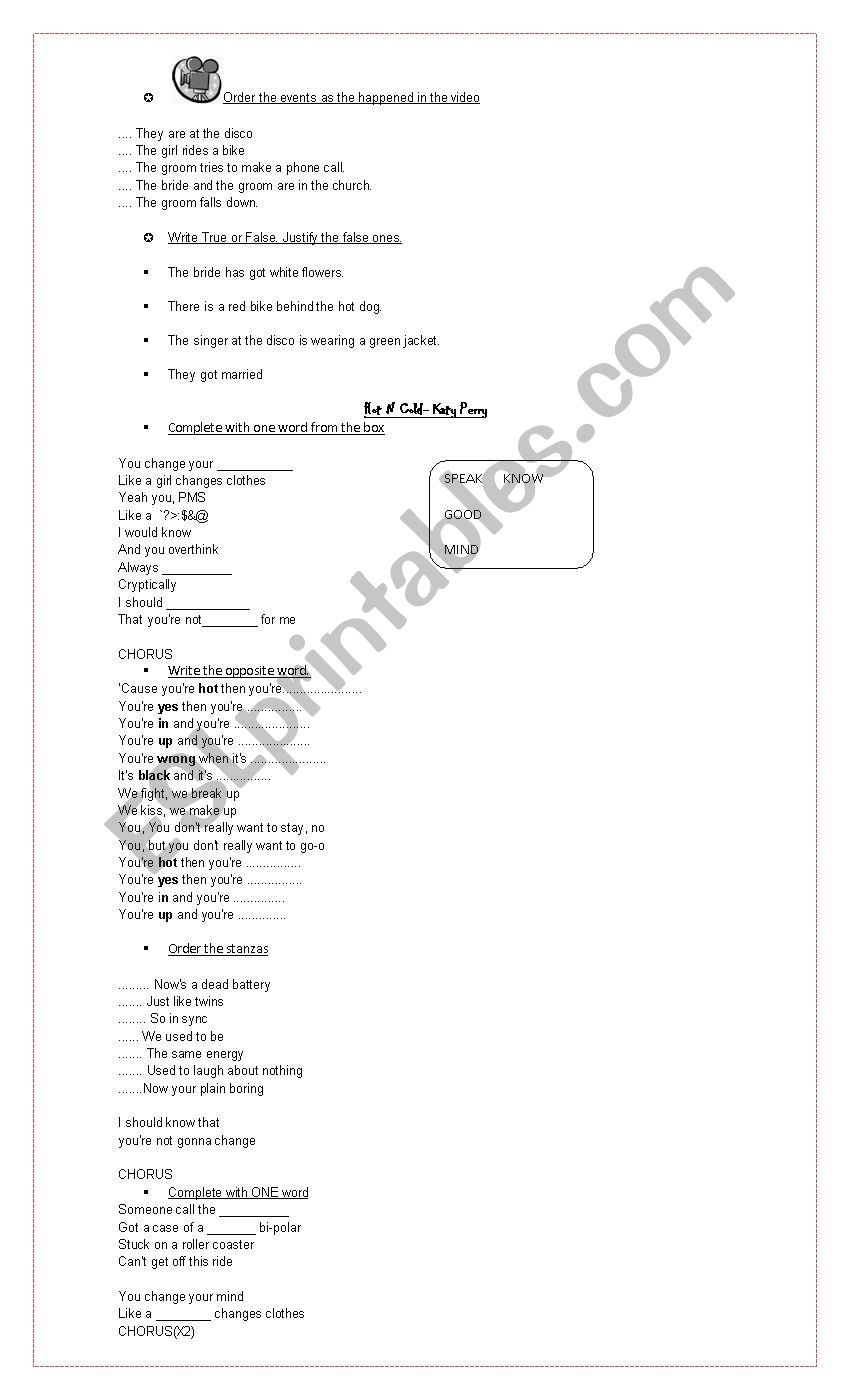 Hot and Cold- Katy Perry worksheet