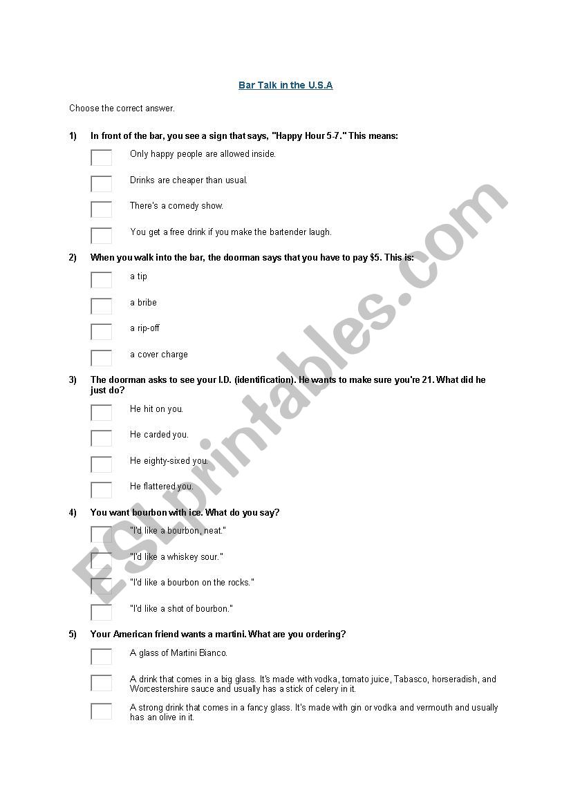 USA Bar Slang worksheet