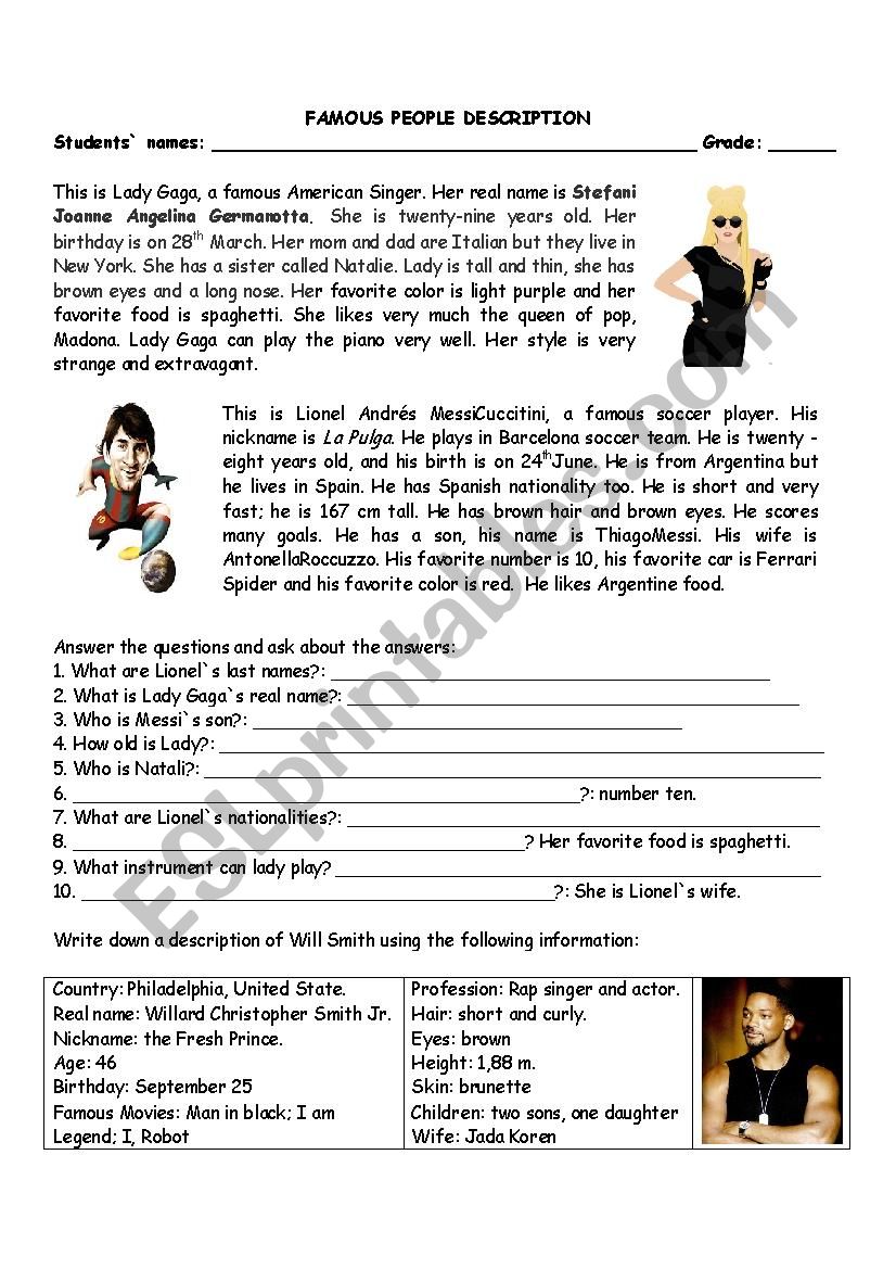 famous people description worksheet