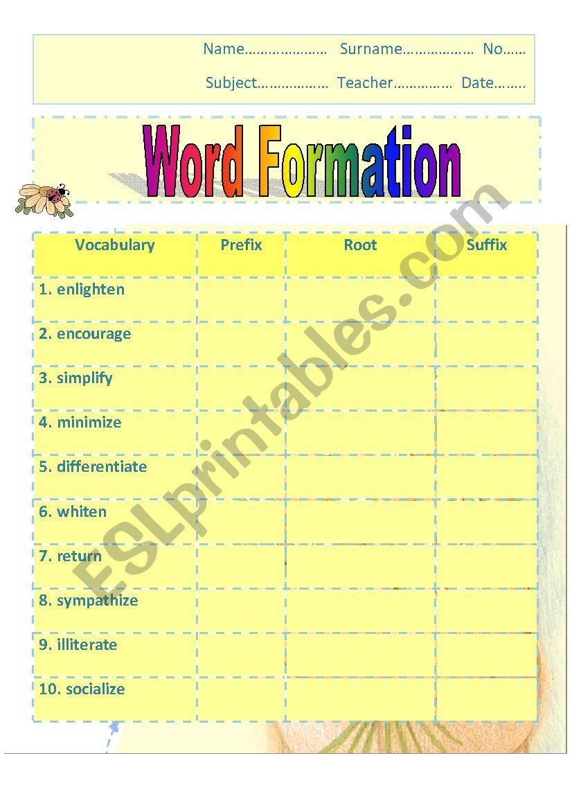 word formation worksheet