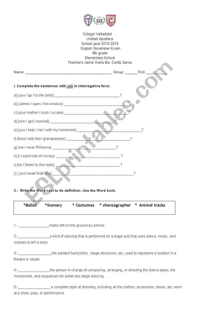 exams 6th grade 1 worksheet