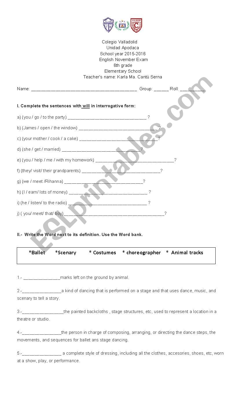 exams 6th grade 1 worksheet