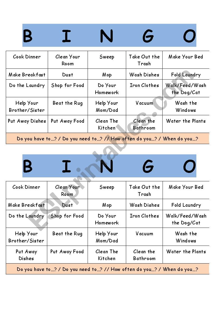 Chores Bingo worksheet