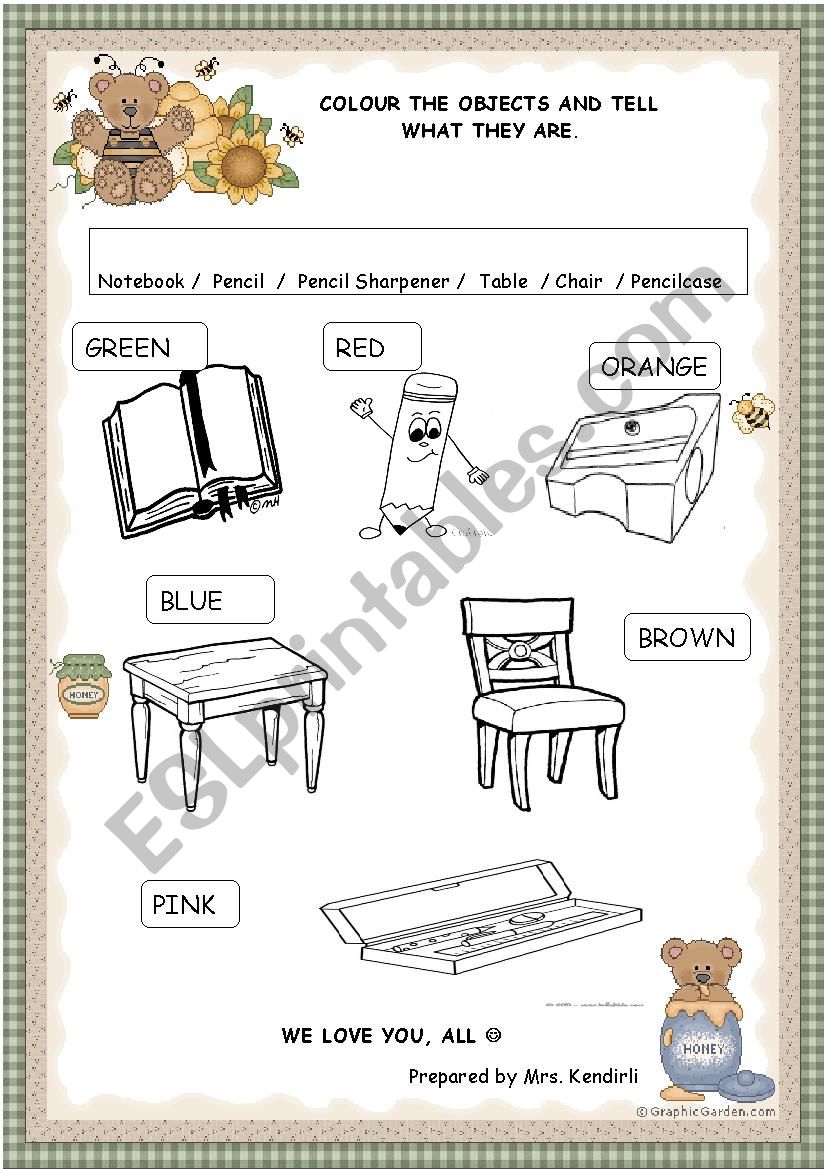 Classroom objects coloring worksheet