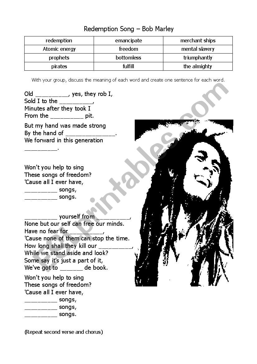 Redemption Song Gap fill worksheet