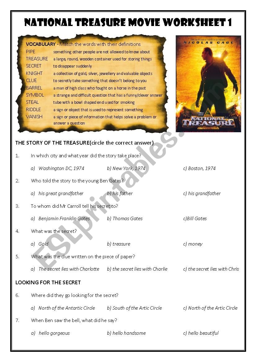 National Treasure Movie Worksheet 1