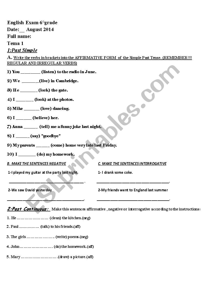 english exam past simple and past continuous