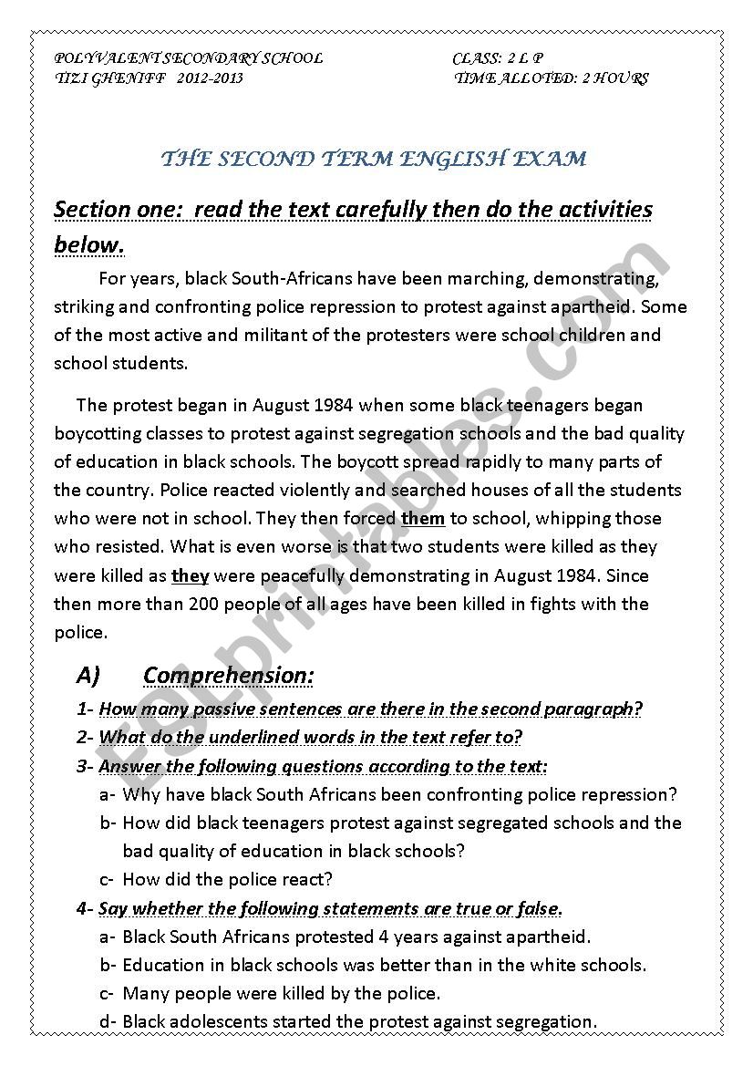 second term exam worksheet