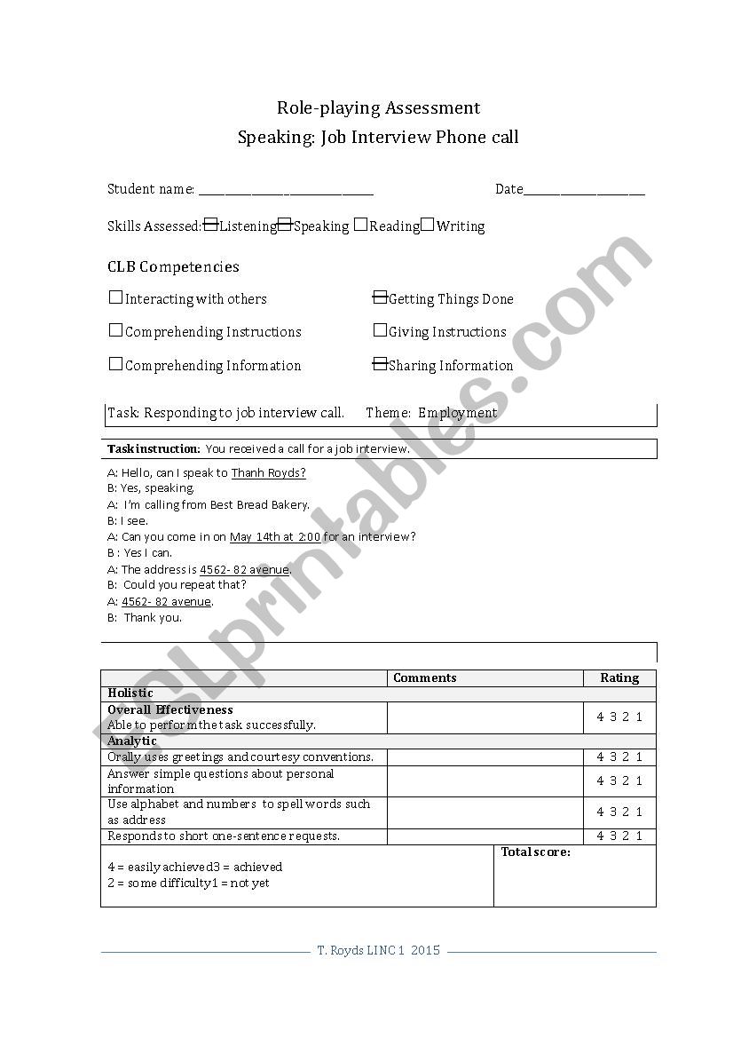 Rubric for telephone call for job interview