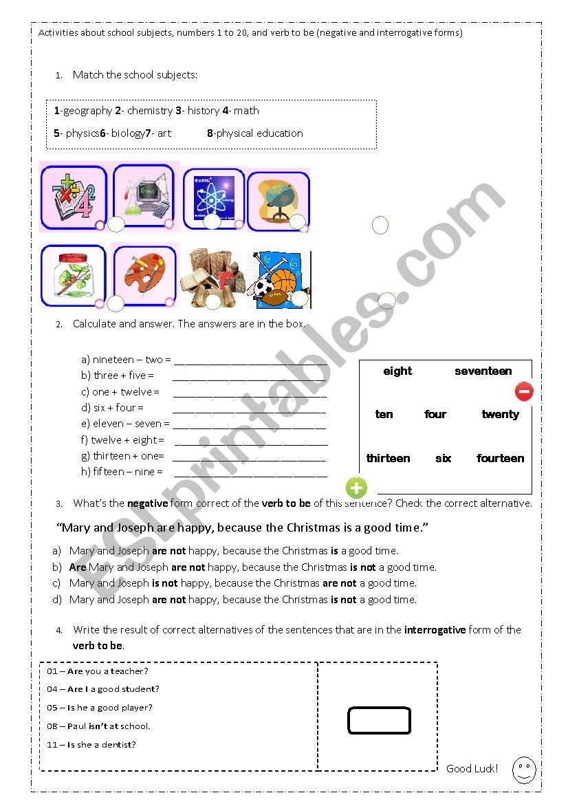 School Subsject, Numbers (1 to 20) and verb to be. 