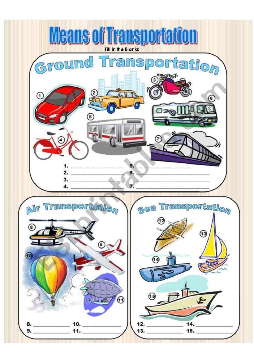 Means of Transportation - Picture Dictionary - Fill in the Blanks