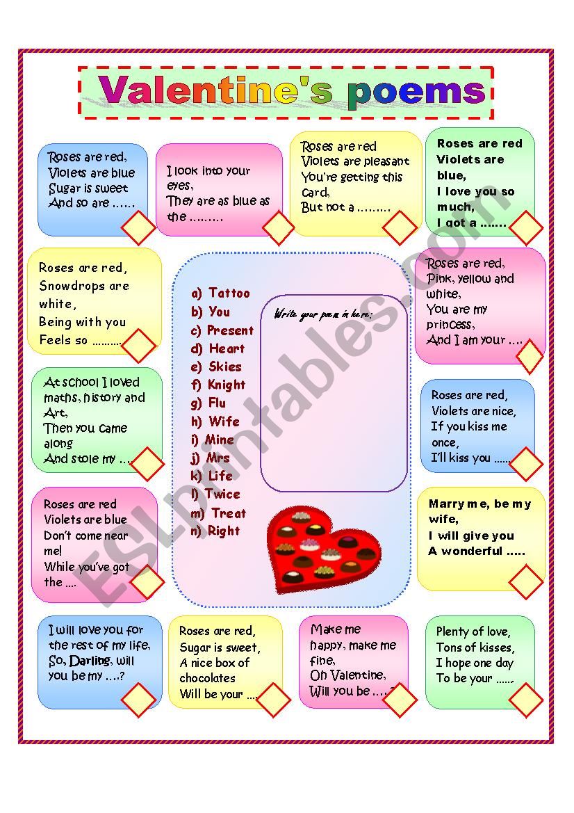 Valentines poems worksheet