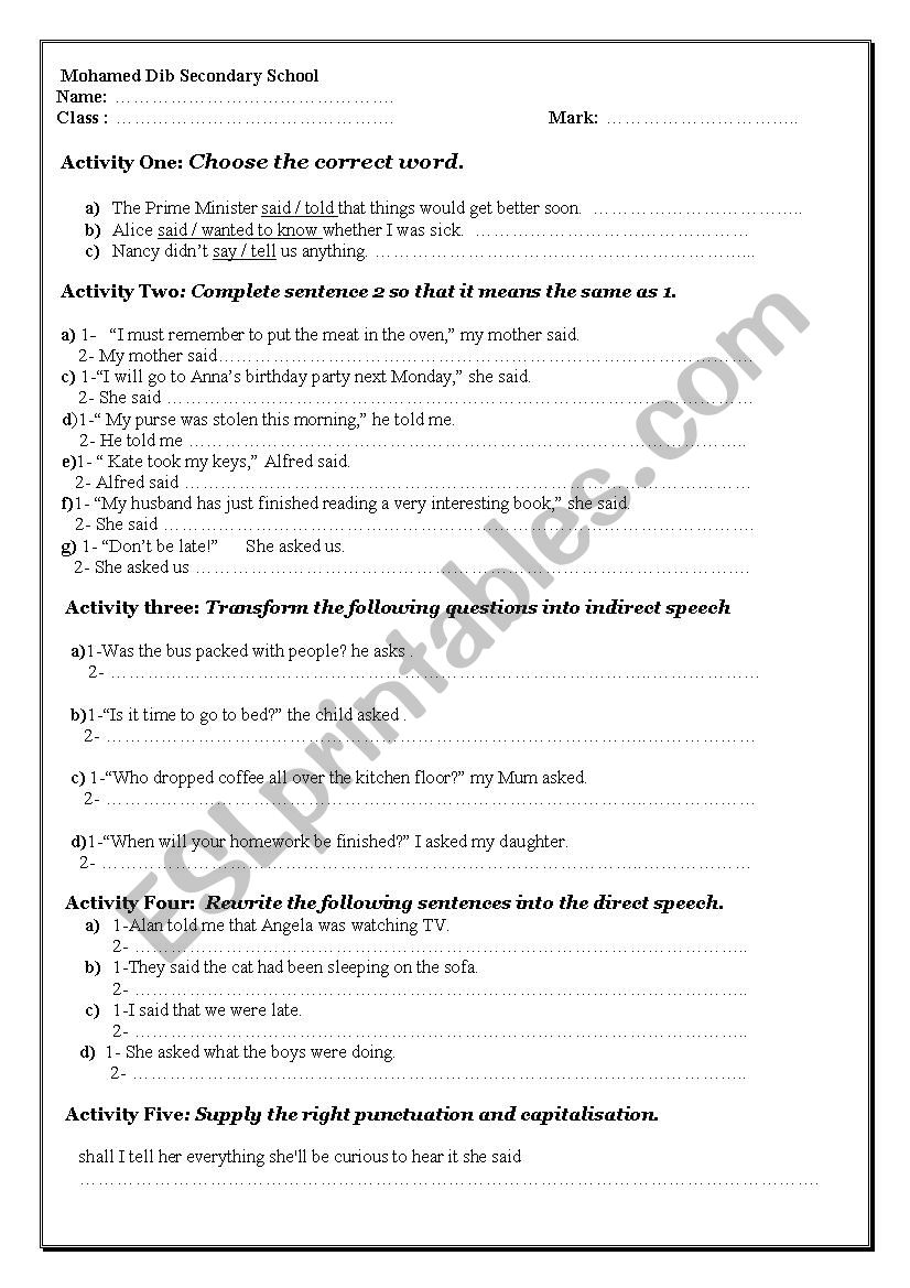 reported speech worksheet