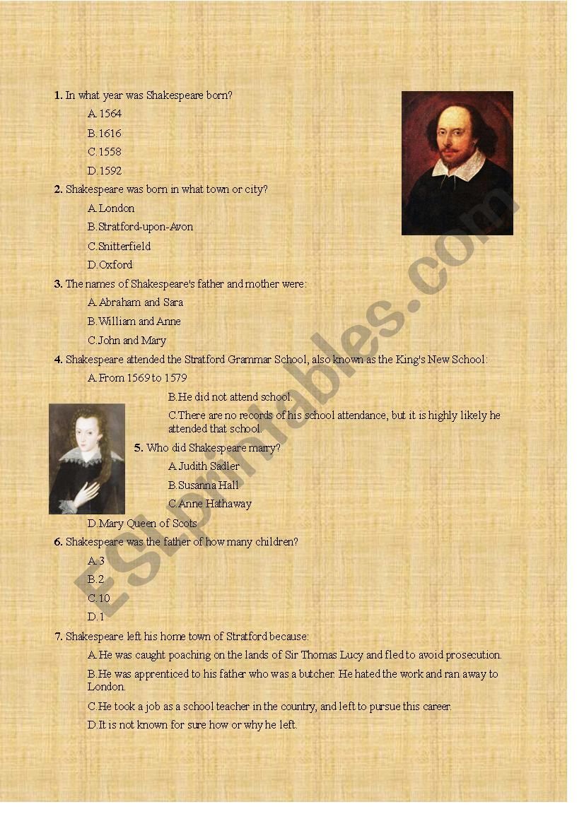 William Shakespeare worksheet