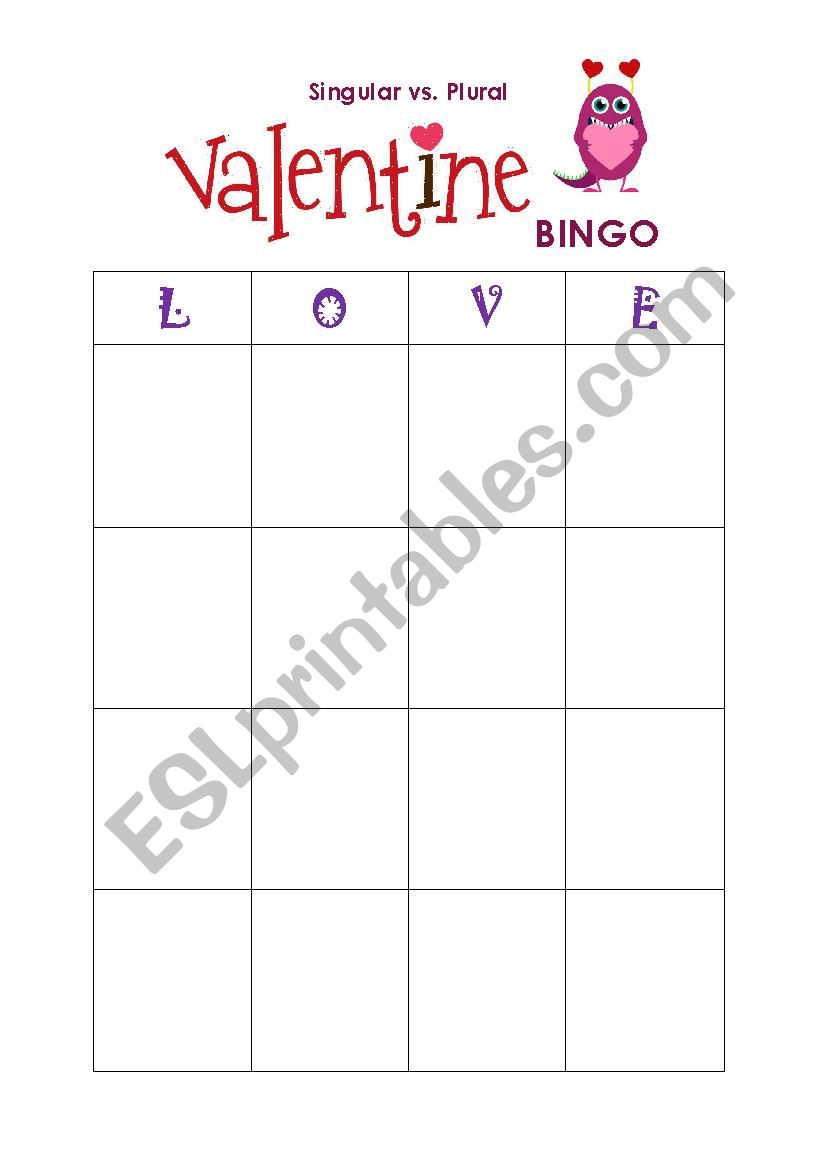 Singular and Plural Valentines Day Bingo