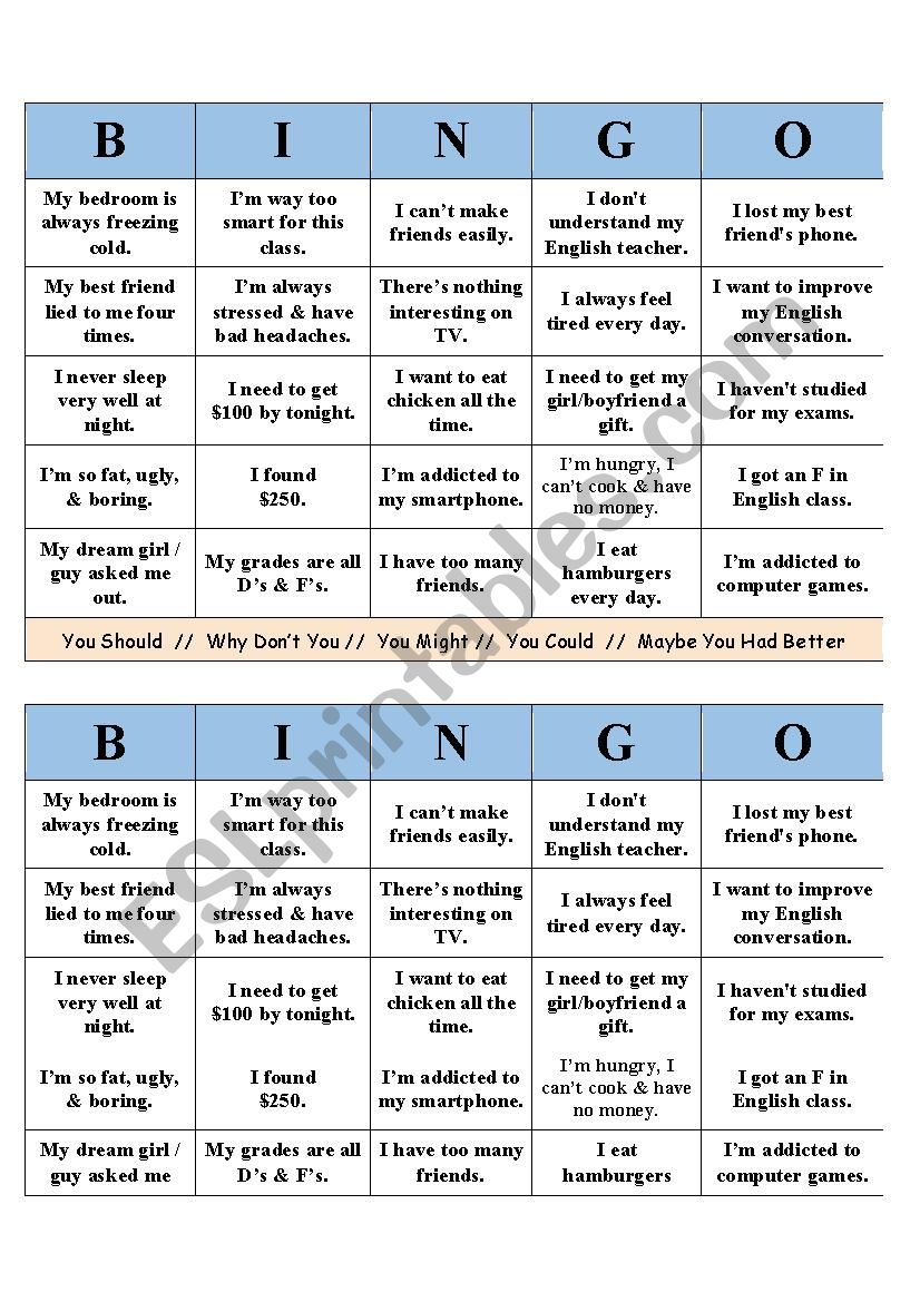 Advice & Suggestions Bingo worksheet