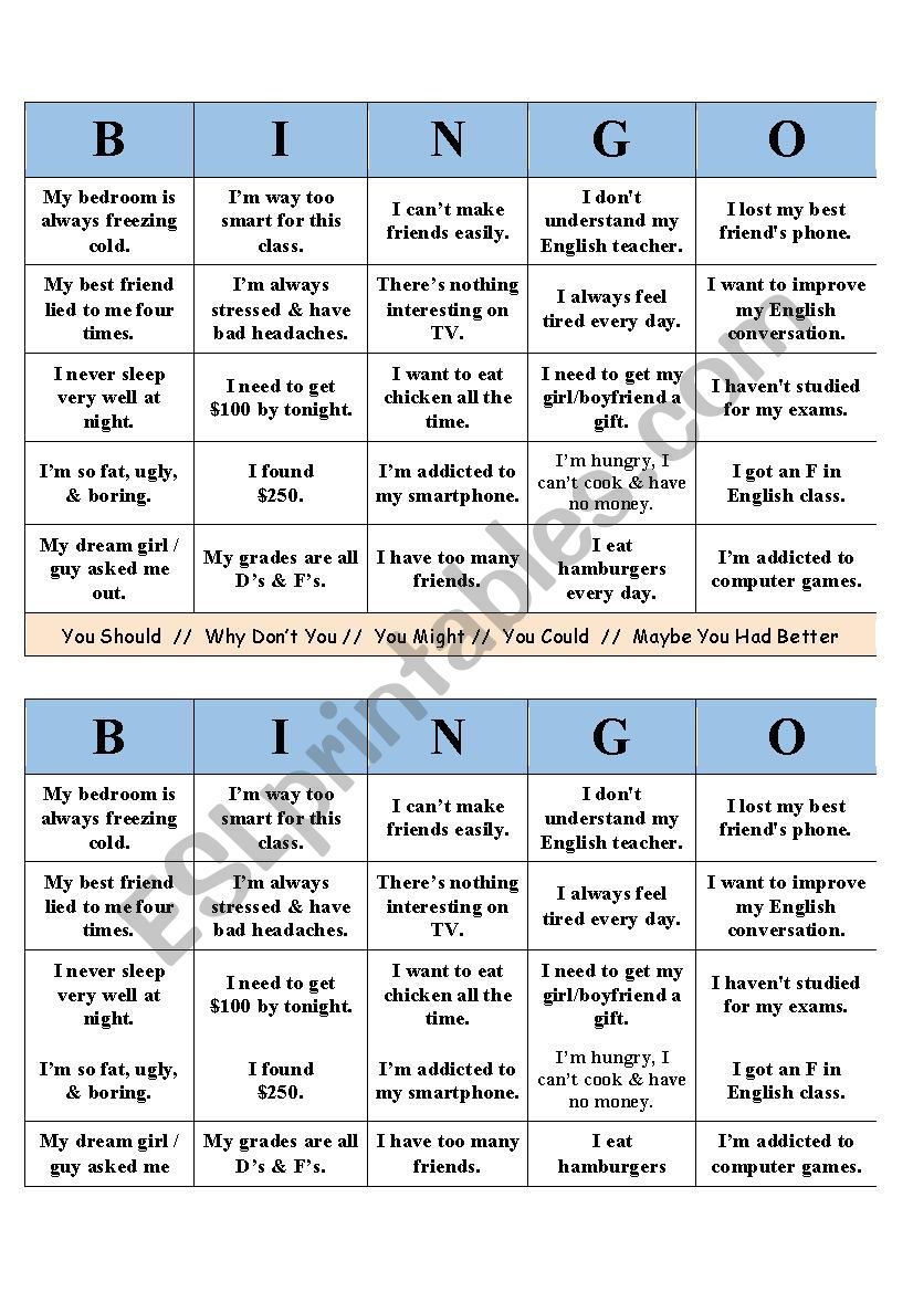 Advice & Suggestions Bingo worksheet