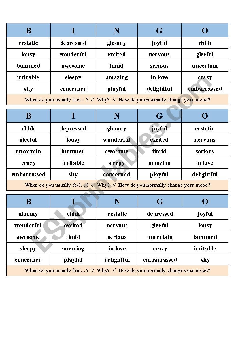 Feelings & Emotions Bingo worksheet