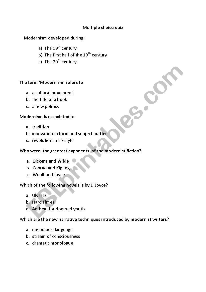 Multiple Choice Quiz about Modernism 