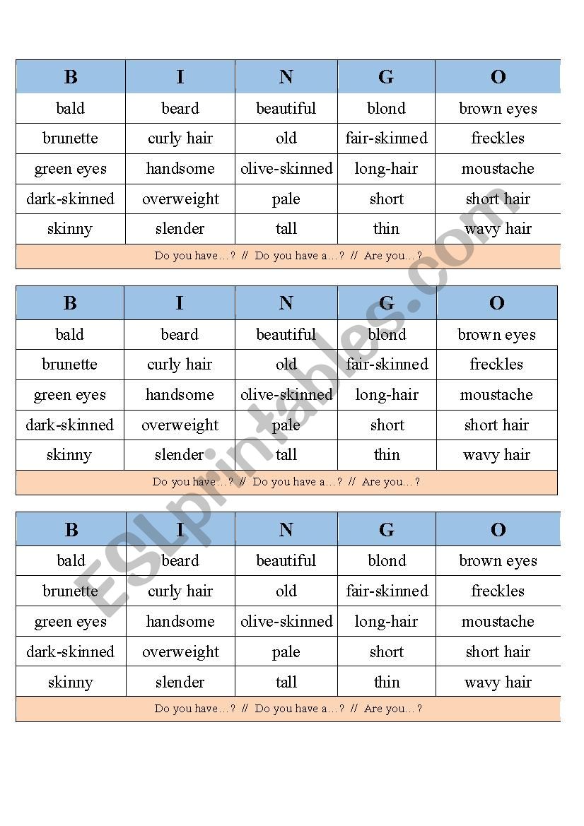 Physical Appearance Bingo worksheet