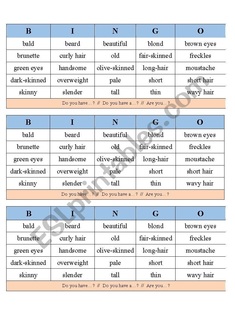 Physical Appearance Bingo worksheet