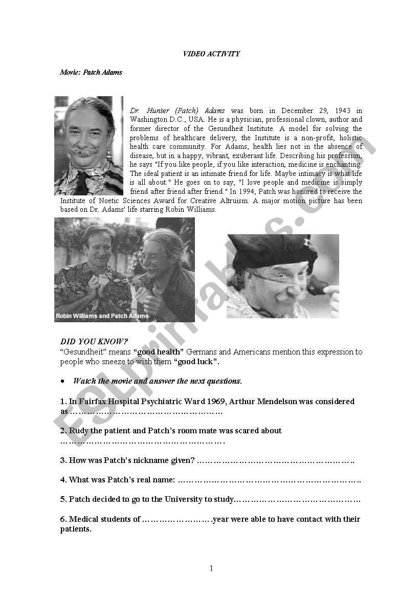 Patch Adams worksheet