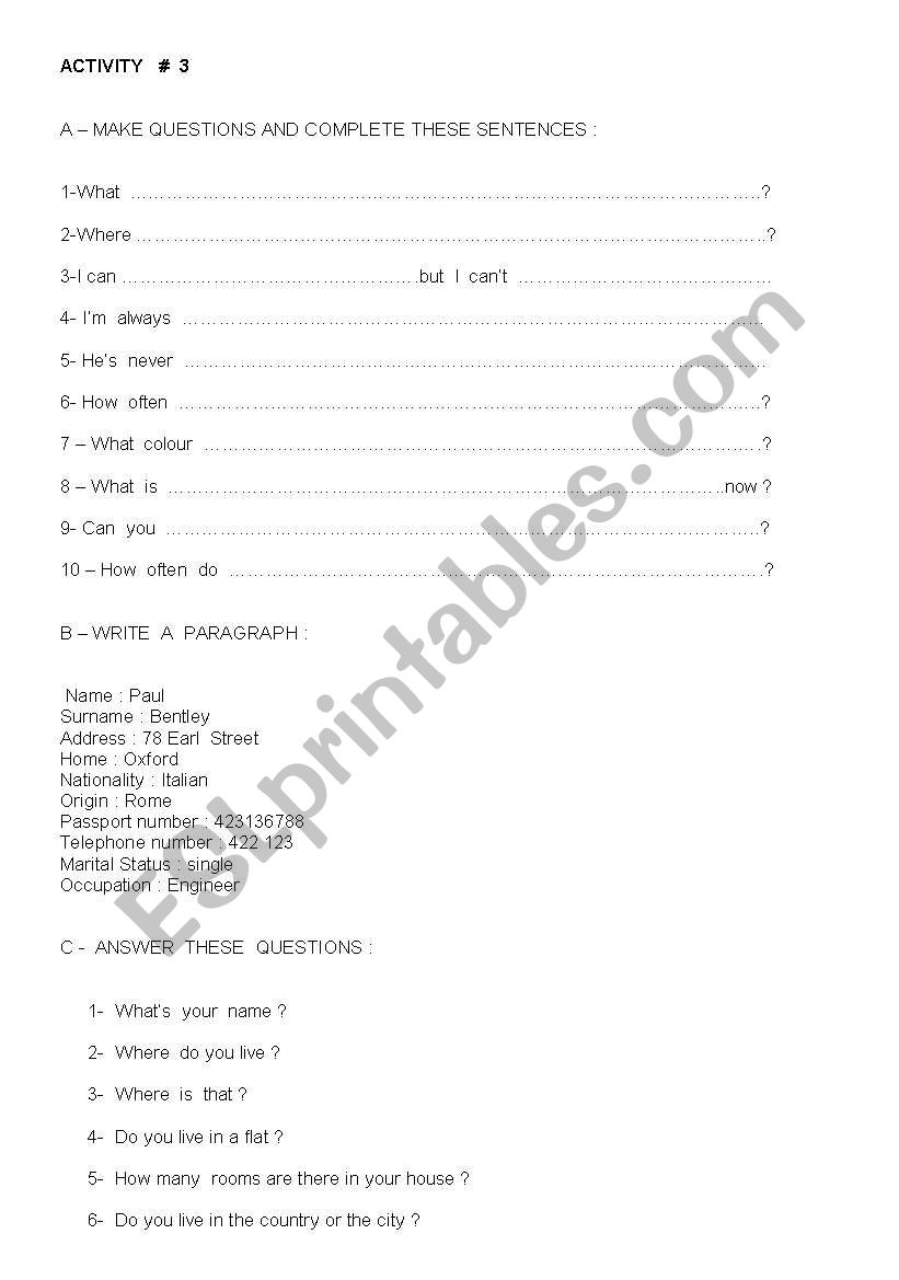 Activity # 3 Frequency Adverbs-Simple Present -Questions to complete 