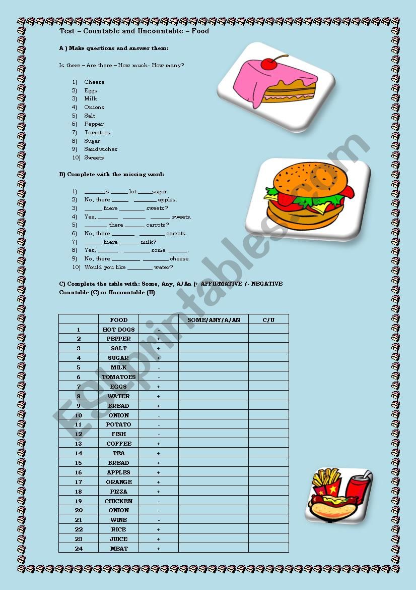 Food - Countable and Uncountable - Mini Test