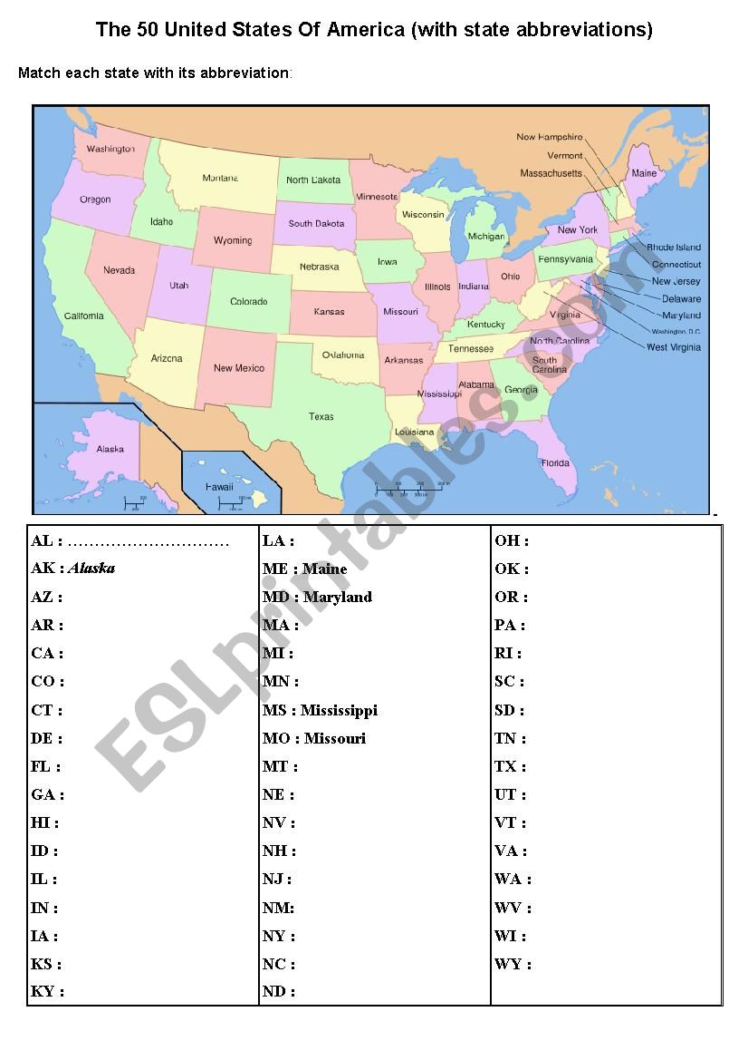 The 50 United States Of America with state abbreviation