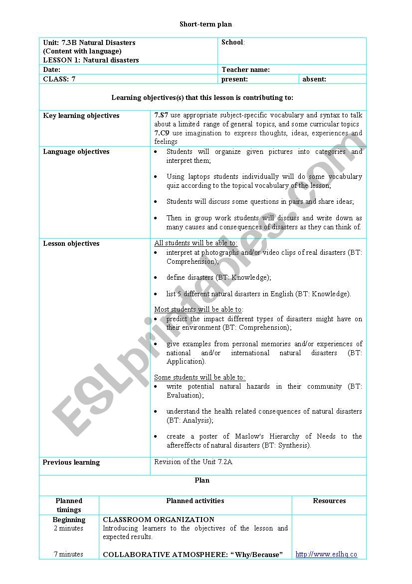 Natural disasters. Speaking. Lesson plan