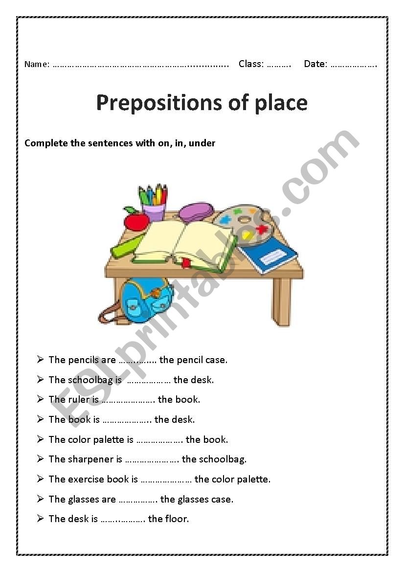 Prepositions of place worksheet